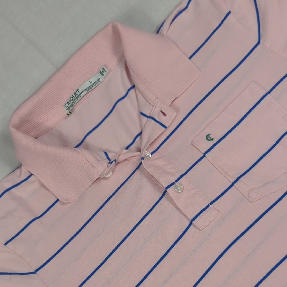 Criquet Organic Cotton Pocket Golf Polo Pink & Blue Stripes Mens Size Large - Picture 1 of 4